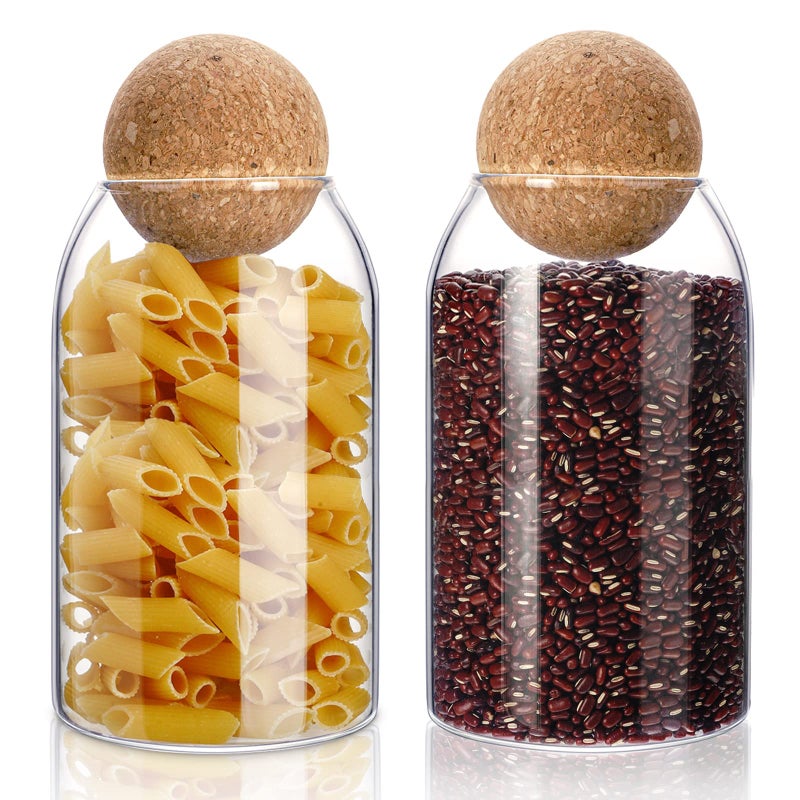 2 Piece Cork Glass Jars with Cork Lid Storage Jar Container with Ball Round Bottles Canisters with Airtight Seal Wooden Lid800 ML