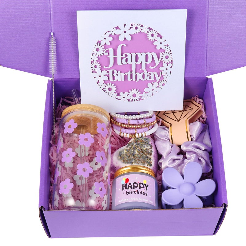 ONIYEA Birthday Gift for Teen Girls 7 Cute Gifts with Tasks Happy Birthday Gift IdeasTrendy Preppy Stuff for Teen Girls Christmas Cute Daisy Aesthetic Glass Cups Tumbler Gifts Set 7pcs Purple