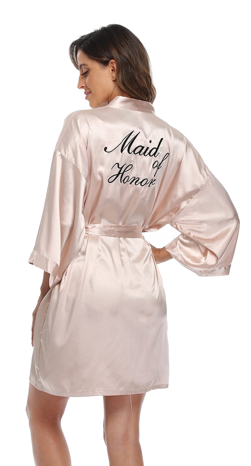 PENGEE Women's Short Kimono Robe Soft Bride Bridesmaid Robes for Wedding Party Bridal Robes Getting Ready Champagne - Image 3