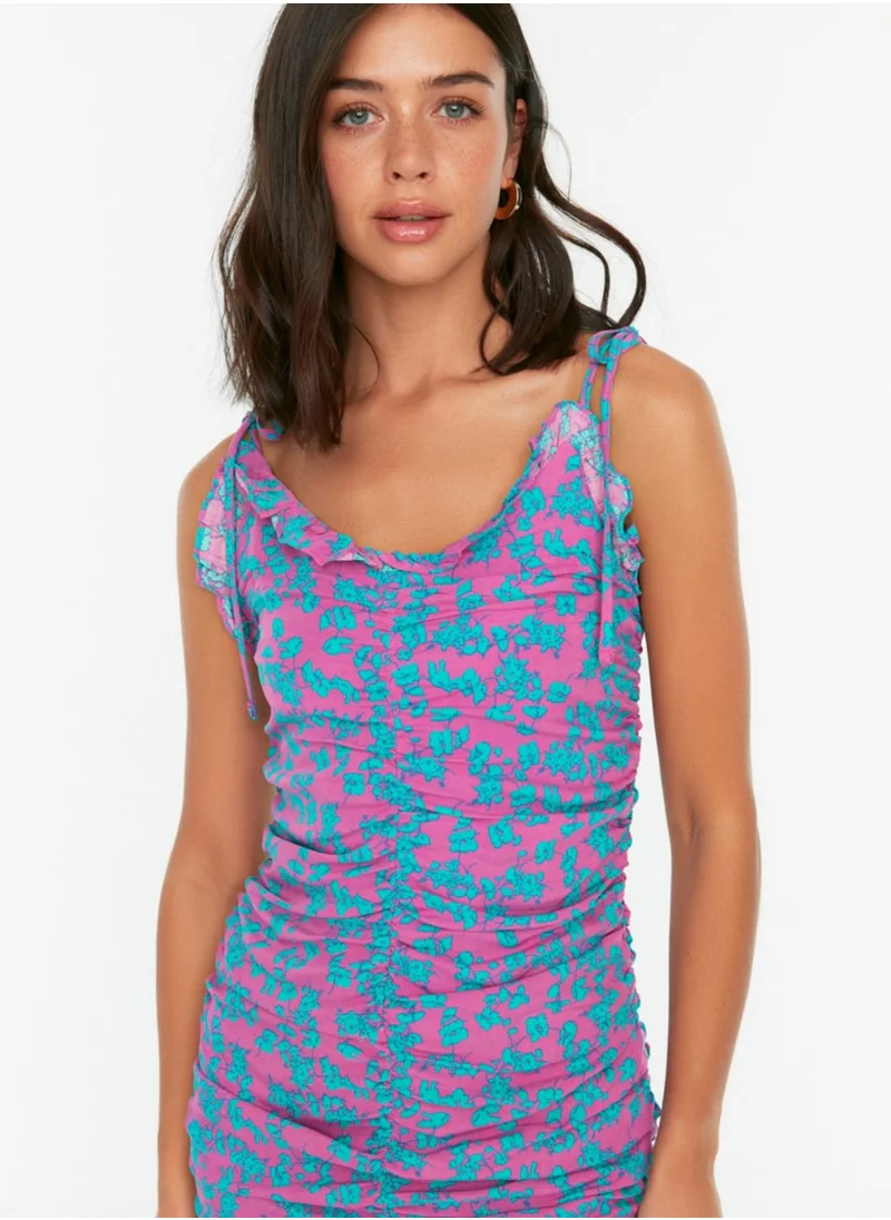 trendyol Tie Detail Printed Bodycon Dress