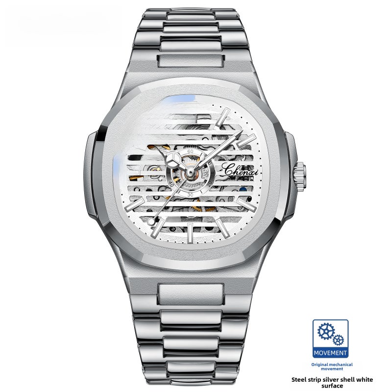 Chenxi CHENXI Fashion Automatic Mens Luxury Watch White Shell White Surface Steel Belt [Metal Butterfly Buckle]]