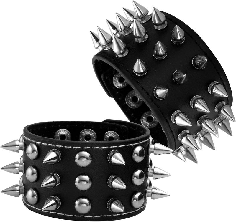 Milakoo 2 Pcs Black Wristband Cuff Belt Bracelet Bangle Leather Rope Black Punk Rock Bracelet 6-8" - Image 1