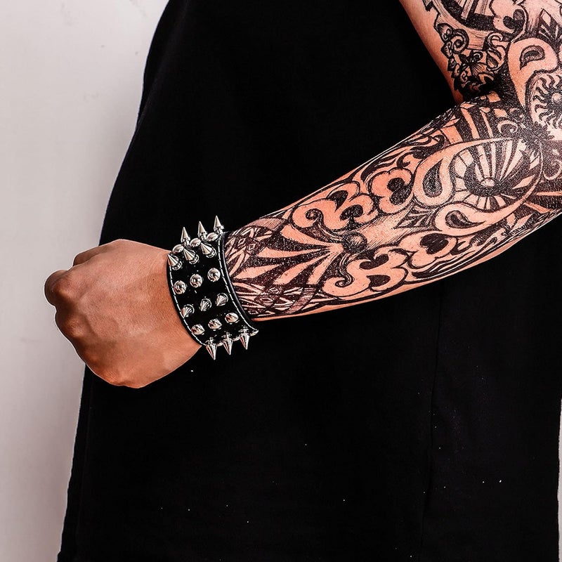 Milakoo 2 Pcs Black Wristband Cuff Belt Bracelet Bangle Leather Rope Black Punk Rock Bracelet 6-8" - Image 3