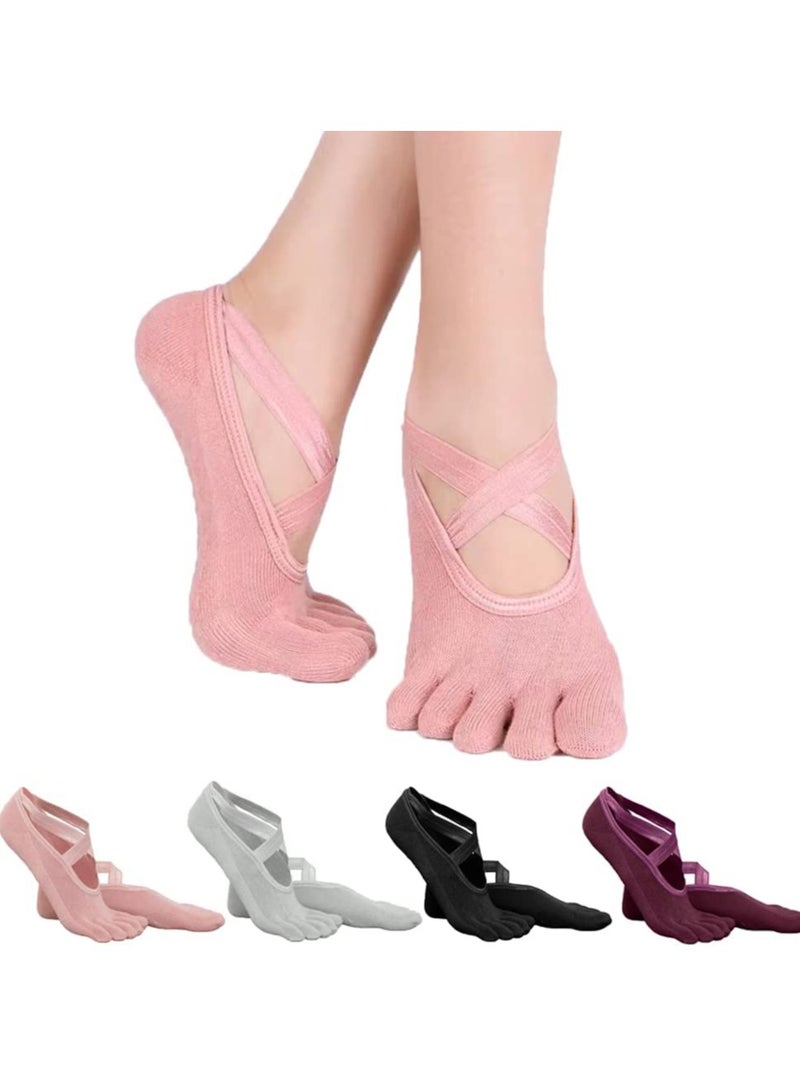 Nariele 4 Pairs Non-Slip Five Toe Women Socks for Yoga,Pilates, Barre, Ballet, Fitness, Non Skid Sticky Grip Socks with Strap - Image 1