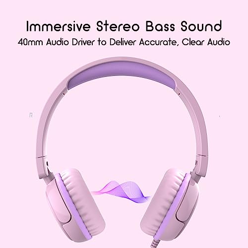 IMYB Kids Headphones, V1 Wired Stereo Foldable Tangle-Free 3.5mm Adjustable On-Ear Headphones for Kids for School/Toddlers/Childrens/Teens/Boys/Girls/Ipad/Tablet/Kindle/Phones/Travel/Plane (Pink) - Image 3