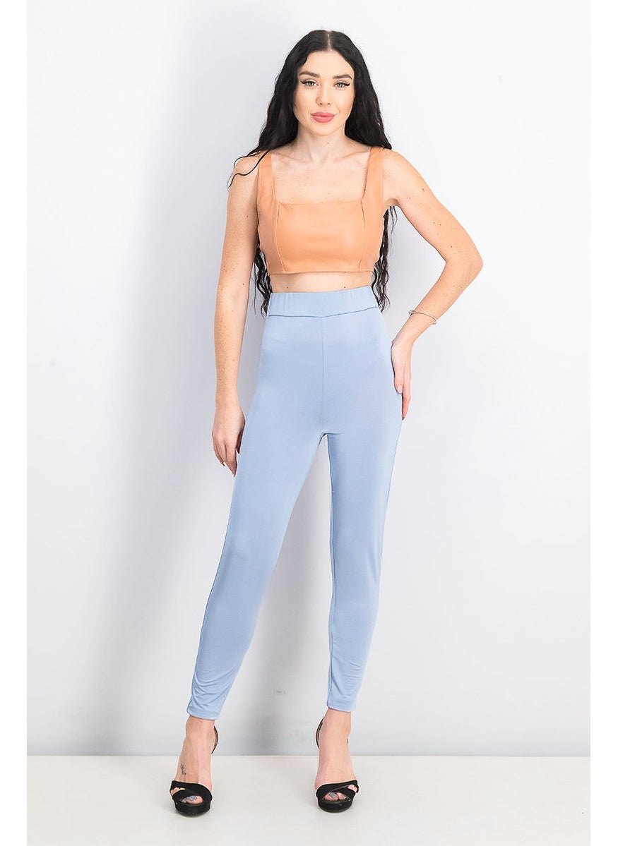 Missguided - Women Plain Pull On Leggings, Light Blue Velvet - Image 1