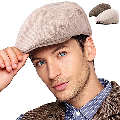 LADYBRO 2Pack Adjustable Newsboy Hats for Men Flat Cap Wool Blend (Brown+Khaki, S/M, 7 1/4) - Image 1