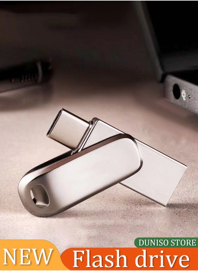 DUNISO Flash drive, USB 2.0pen drive, TypeC dual purpose metal memory stick, 360 ° rotatable, 512GB, suitable for computers, phones, and USB ports (silver)  - Image 1