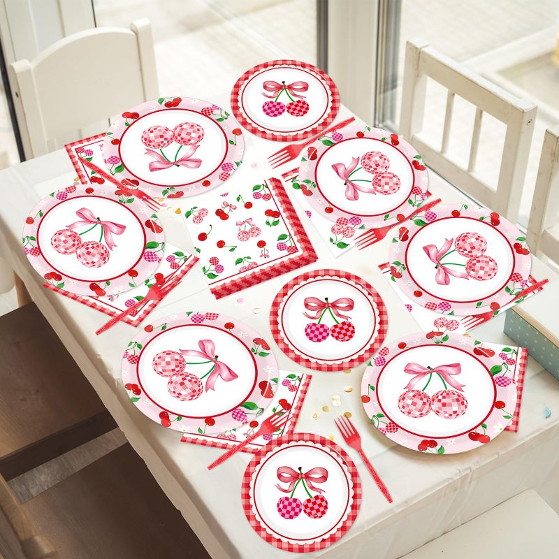 CHUNNIN 96Pcs Cherries Theme Plates And Napkins Pink Bow Cherry Birthday Party Decoration Disco Ball Disposable Dessert Cake Plates Cherries Paper Dinner Tableware For 24 Guests Girls Boys Kids Party Supplies - Image 5