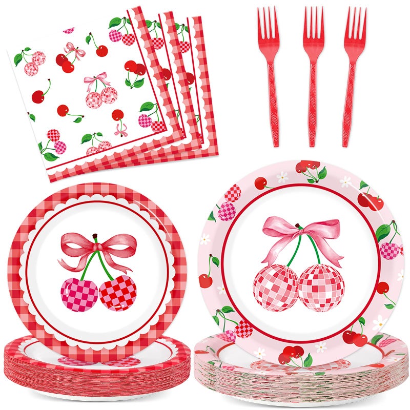 CHUNNIN 96Pcs Cherries Theme Plates And Napkins Pink Bow Cherry Birthday Party Decoration Disco Ball Disposable Dessert Cake Plates Cherries Paper Dinner Tableware For 24 Guests Girls Boys Kids Party Supplies - Image 1