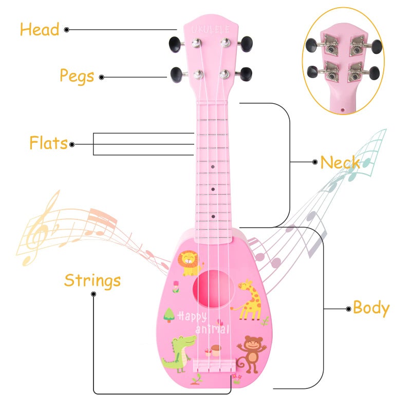 YOLOPARK 17" Kids Toy Guitar for Girls Boys, Mini Toddler Ukulele Guitar with 4 Strings Keep Tones Can Play for 3, 4, 5, 6, 7 Year Old Kids Musical Instruments Educational Toys for Beginner (Pink) - Image 4