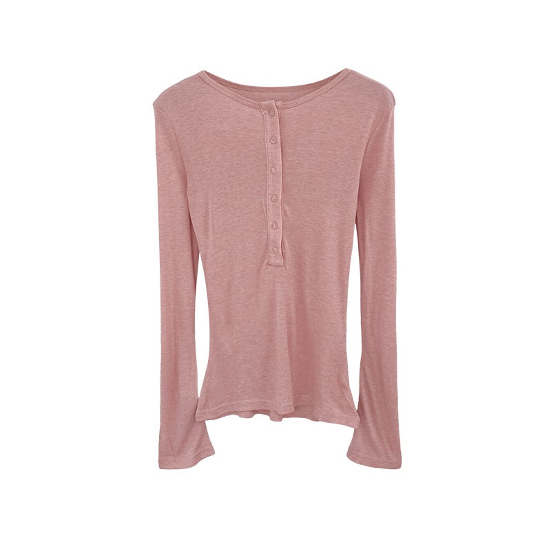 European Korean Style New All-Match Solid Color Button Horn Design Niche Simple All-Match Long Sleeve T-Shirt - Image 4