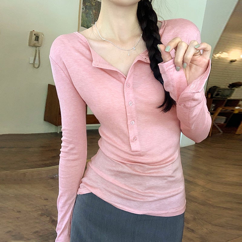 European Korean Style New All-Match Solid Color Button Horn Design Niche Simple All-Match Long Sleeve T-Shirt - Image 3