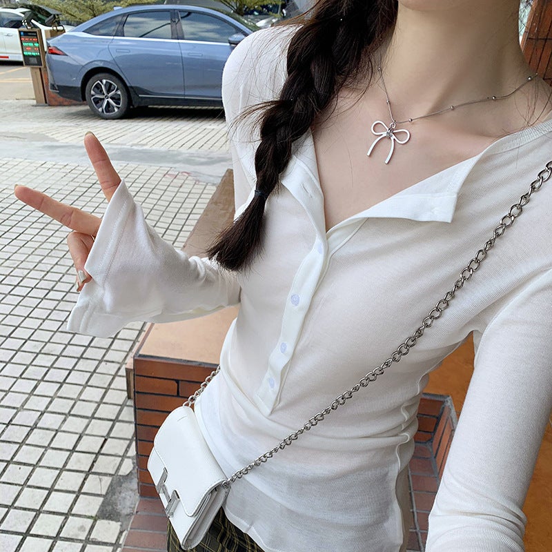 European Korean Style New All-Match Solid Color Button Horn Design Niche Simple All-Match Long Sleeve T-Shirt - Image 5