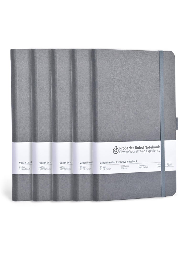 DOODLE Pack of 5 A5 Executive PU Leather Hardbound Notebooks – 160 Ruled Pages Each, 80 GSM | Pen Loop, Ribbon Bookmark, Elastic Band | Corporate Office Diary for Men & Women – Grey - Image 1