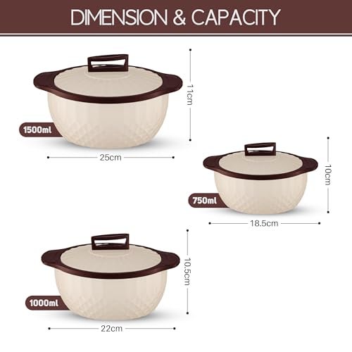 Trueware Eternity Inner Steel Insulated 750, 1000 & 1500ML Thermoware Casserole Set of 3 | BPA Free | Odour Proof | Food Grade | Easy to Carry | Serving | Curd Maker | Hot Pot - Image 3