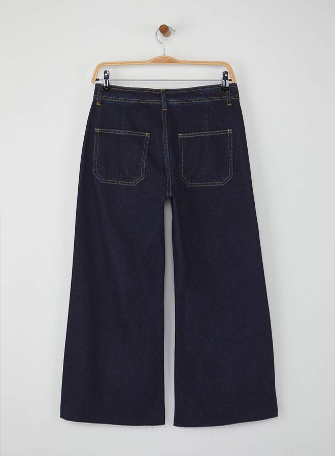 trendyol Dark Blue MidWaist and Waist Detail Cutout Leg Culotte AnkleLength Jeans - Image 5