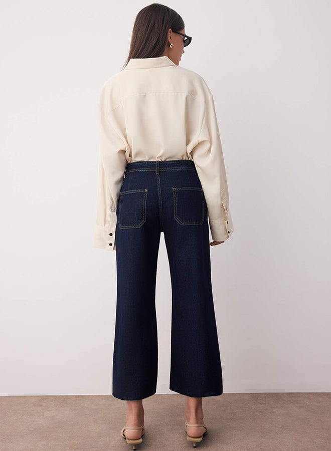 trendyol Dark Blue MidWaist and Waist Detail Cutout Leg Culotte AnkleLength Jeans - Image 4