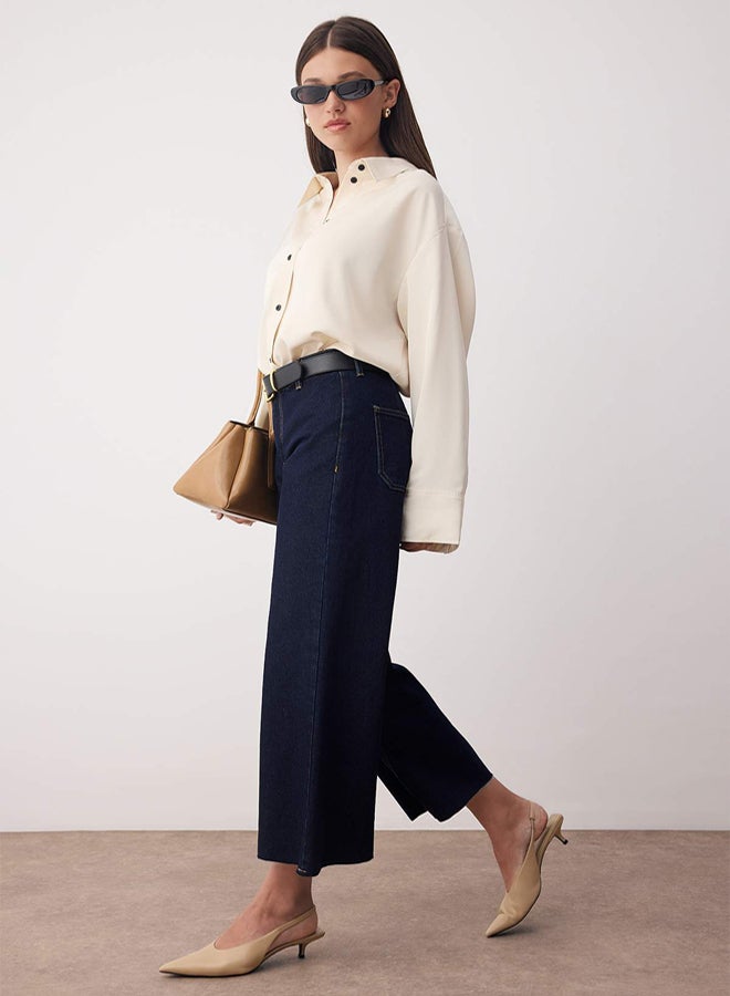 trendyol Dark Blue MidWaist and Waist Detail Cutout Leg Culotte AnkleLength Jeans - Image 2