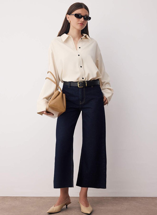 trendyol Dark Blue MidWaist and Waist Detail Cutout Leg Culotte AnkleLength Jeans - Image 1