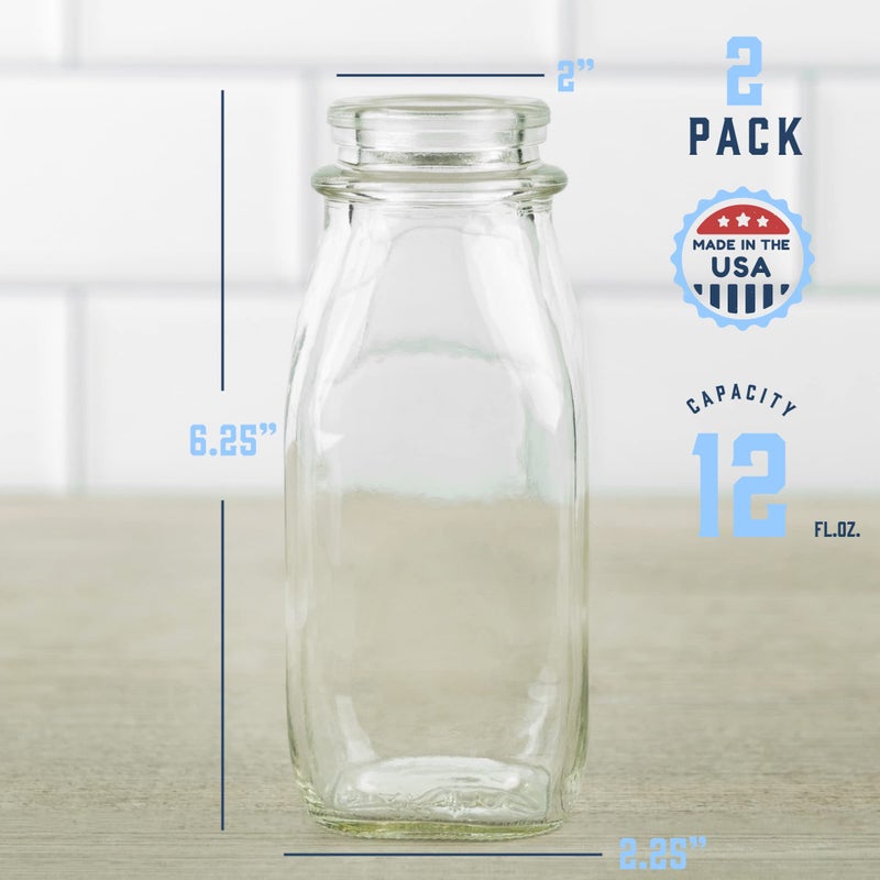 kitchentoolz 12 Oz Square Glass Milk Jugs with Caps - Perfect Milk Container for Refrigerator - 12 Ounce Glass Milk Bottle with Tamper Proof Lid and Pour Spout - Pack of 2 - Image 2