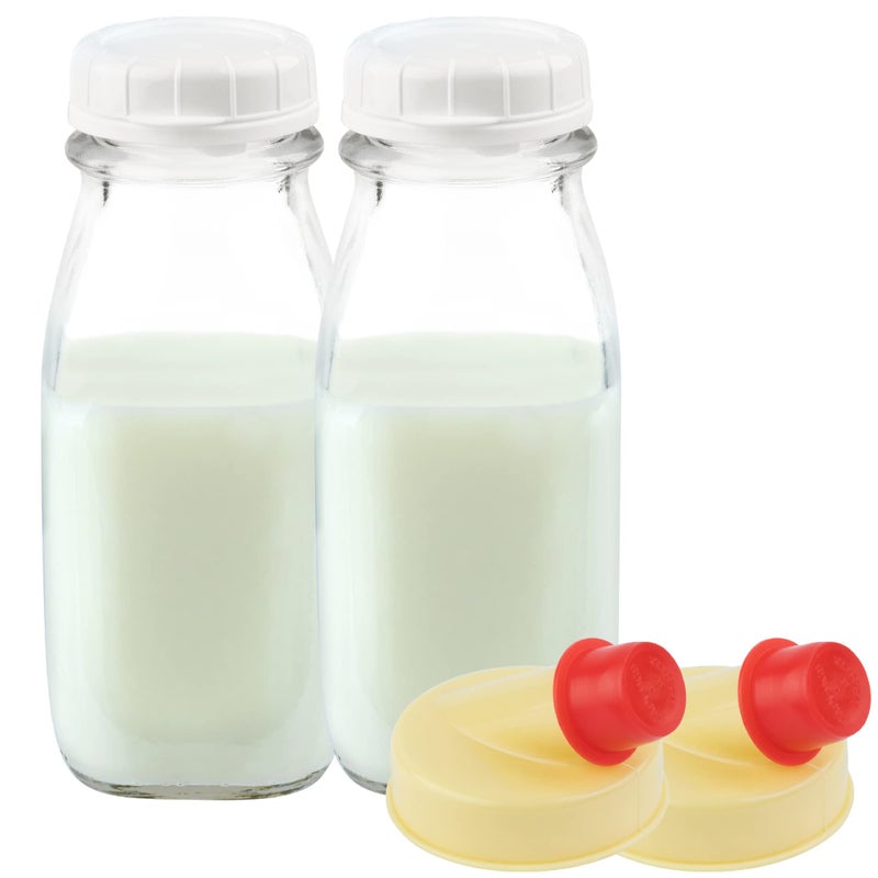 kitchentoolz 12 Oz Square Glass Milk Jugs with Caps - Perfect Milk Container for Refrigerator - 12 Ounce Glass Milk Bottle with Tamper Proof Lid and Pour Spout - Pack of 2 - Image 1