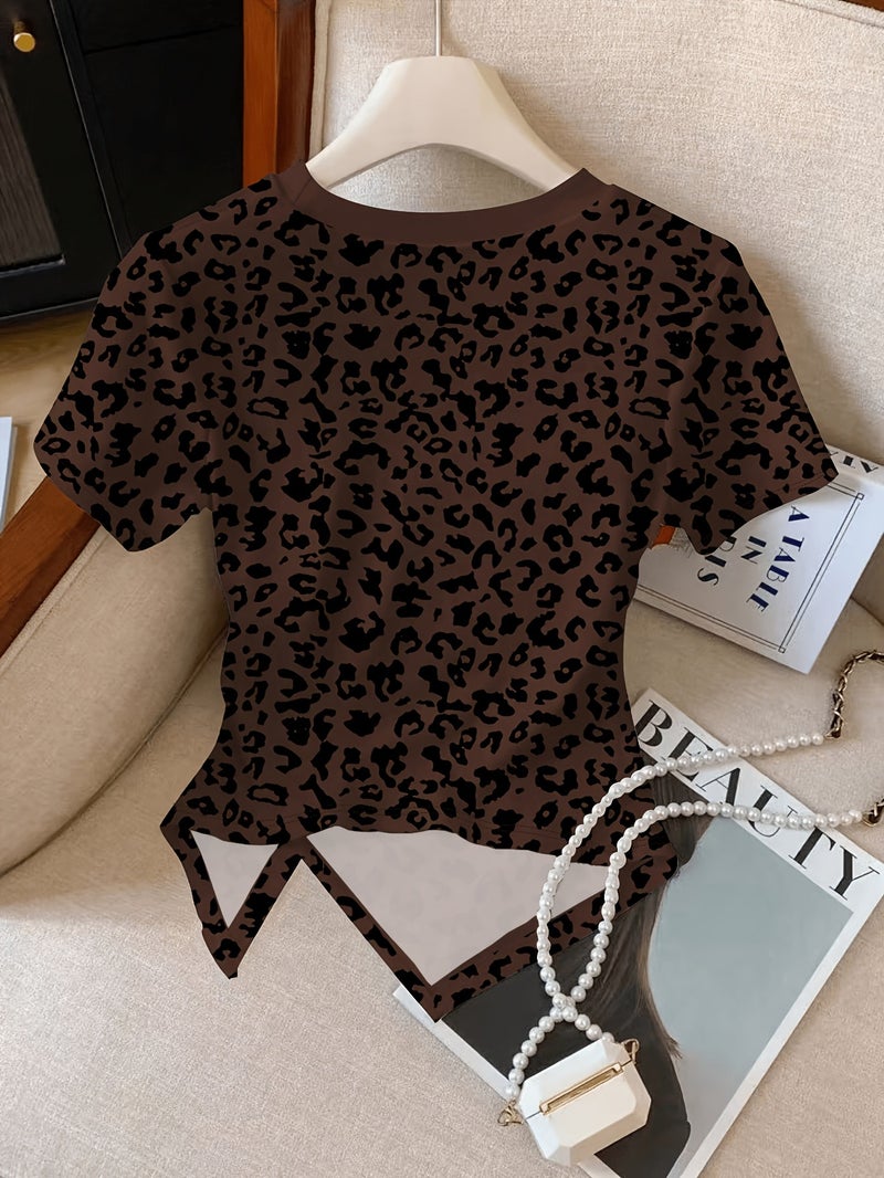 New Women'S Spring And Summer Pattern Printed Round Neck Slim - Fit Versatile Tight T - Shirt - Dark Brown / XS - Image 2