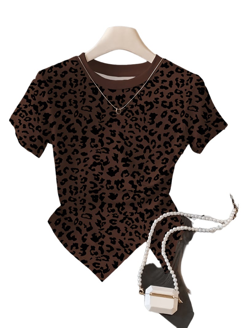 New Women'S Spring And Summer Pattern Printed Round Neck Slim - Fit Versatile Tight T - Shirt - Dark Brown / XS - Image 1