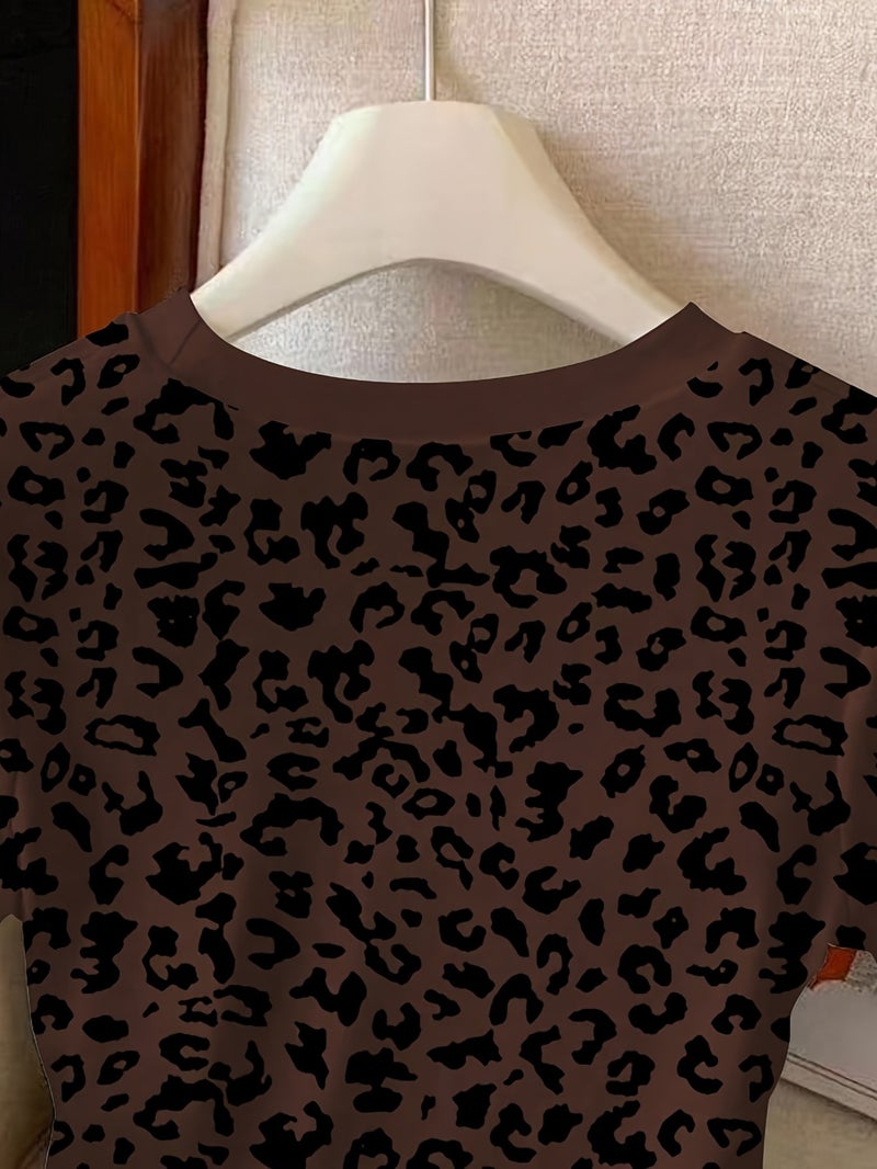 New Women'S Spring And Summer Pattern Printed Round Neck Slim - Fit Versatile Tight T - Shirt - Dark Brown / XS - Image 3