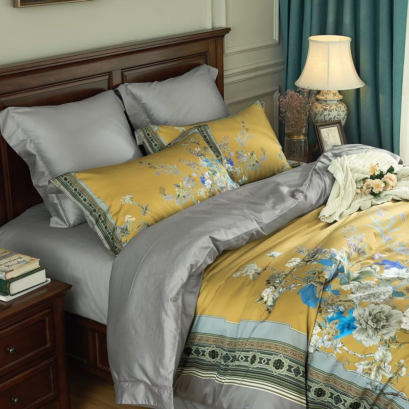 mixinni Queen Size Duvet Cover Set - 3PC Garden Style Long Staple Cotton Golden Floral Bedding, Chinoiserie Chic Botanical Print, Reversible Design, Zipper Closure, Soft & Breathable for Him & Her - Image 4