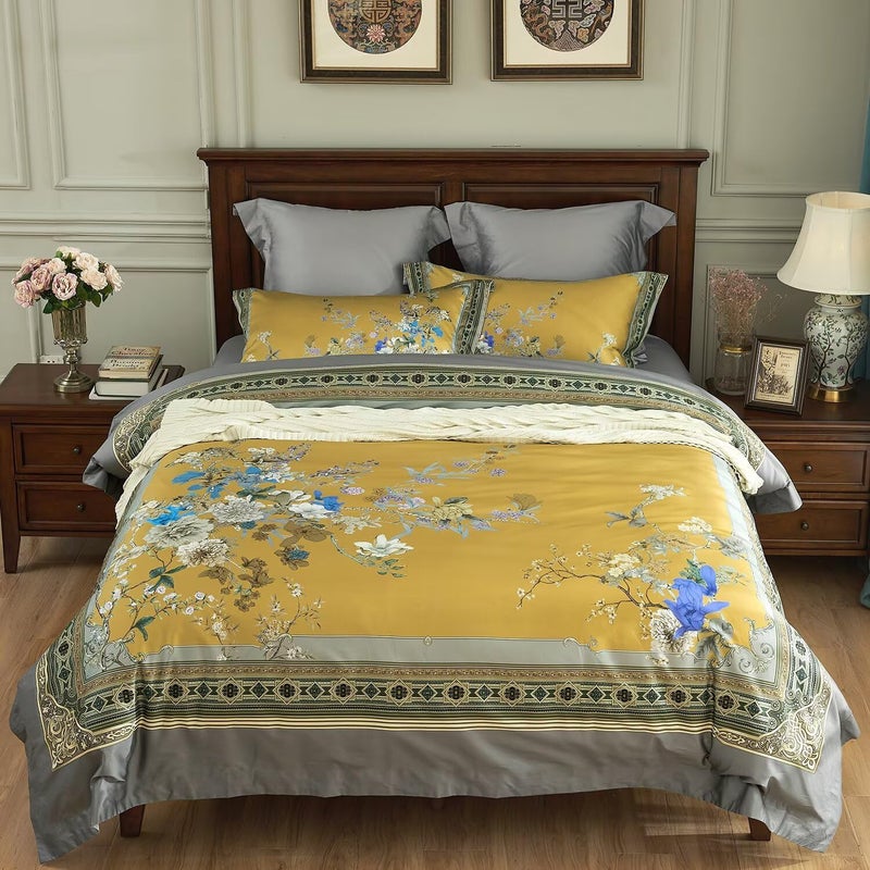 mixinni Queen Size Duvet Cover Set - 3PC Garden Style Long Staple Cotton Golden Floral Bedding, Chinoiserie Chic Botanical Print, Reversible Design, Zipper Closure, Soft & Breathable for Him & Her - Image 3