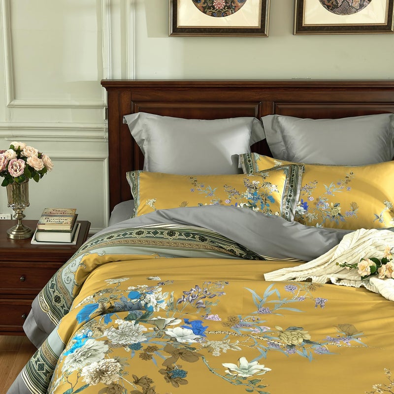mixinni Queen Size Duvet Cover Set - 3PC Garden Style Long Staple Cotton Golden Floral Bedding, Chinoiserie Chic Botanical Print, Reversible Design, Zipper Closure, Soft & Breathable for Him & Her - Image 1