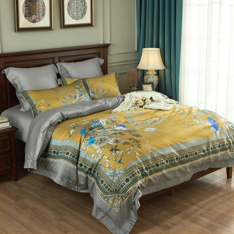 mixinni Queen Size Duvet Cover Set - 3PC Garden Style Long Staple Cotton Golden Floral Bedding, Chinoiserie Chic Botanical Print, Reversible Design, Zipper Closure, Soft & Breathable for Him & Her - Image 2