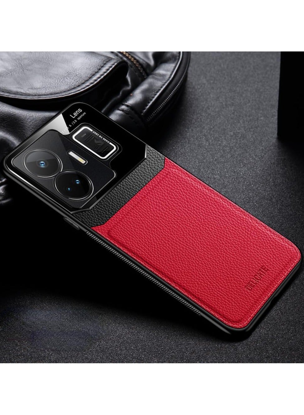 Leather Case Compatible with Realme GT Neo 5 Anti-Knock Leather Back Cover Soft TPU Frame Business Shell Phone Case 9H Tempered Glass Back Cover