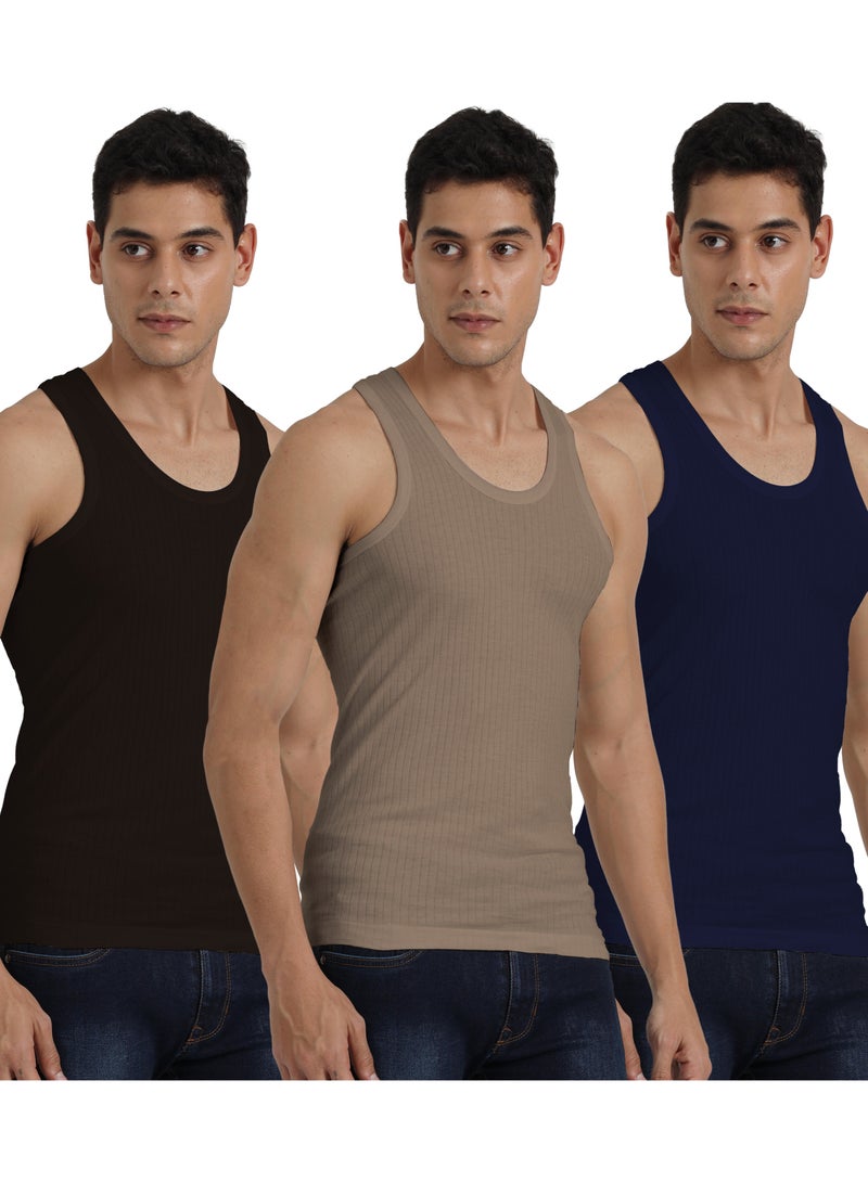 OSCAR JEANS Platinum Collection Double-Knit 100% Cotton Mens Vest Undershirt Tank Top Ultrasoft Breathable Sleeveless Sando Pack of 3  - Image 1
