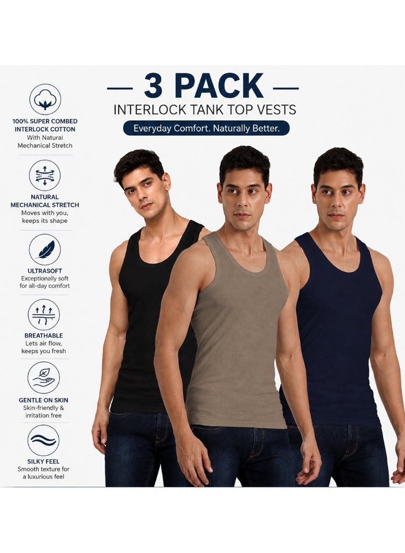 OSCAR JEANS Platinum Collection Double-Knit 100% Cotton Mens Vest Undershirt Tank Top Ultrasoft Breathable Sleeveless Sando Pack of 3 - Image 1