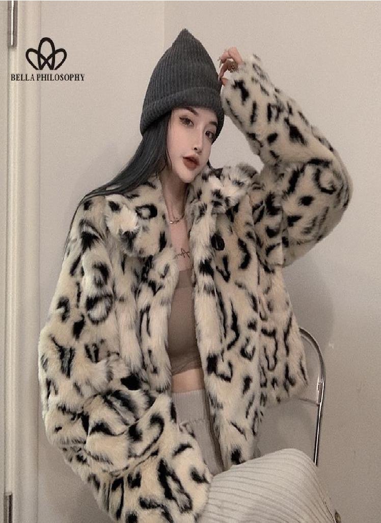 Eckek - Retro Leopard Print Quilted Short Coat Women's Autumn Winter Thickening Korean Loose Top Faux Fur Coat - Image 1