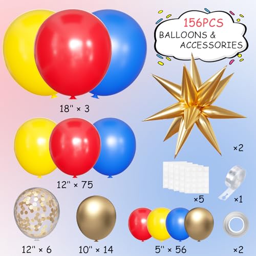 MEBAY Blue Yellow Red and Gold Balloon Arch Kit 156Pcs Latex Baloons Garland with 4D Star Balloons for Baby Shower Anniversary Birthday Wedding Graduation Office Party - Image 5