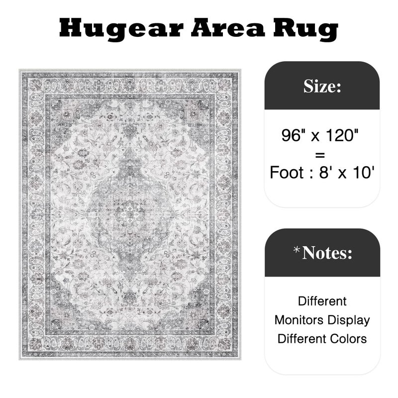 HUGEAR Area Rug 8x10 Vintage Grey Machine Washable Living Room Rugs Thin Neutral Floral Vacuumable Low Pile Carpet Bedroom Office Dining Room Laundry Room Non Slip Soft Lightweight - Image 2