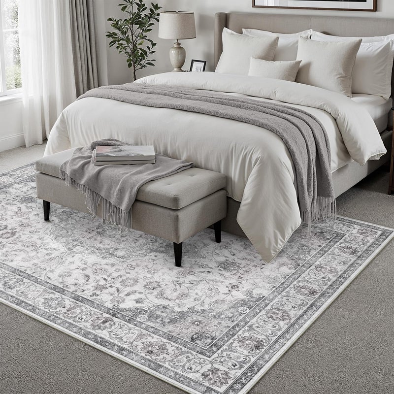 HUGEAR Area Rug 8x10 Vintage Grey Machine Washable Living Room Rugs Thin Neutral Floral Vacuumable Low Pile Carpet Bedroom Office Dining Room Laundry Room Non Slip Soft Lightweight - Image 4