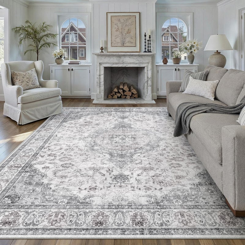 HUGEAR Area Rug 8x10 Vintage Grey Machine Washable Living Room Rugs Thin Neutral Floral Vacuumable Low Pile Carpet Bedroom Office Dining Room Laundry Room Non Slip Soft Lightweight - Image 1