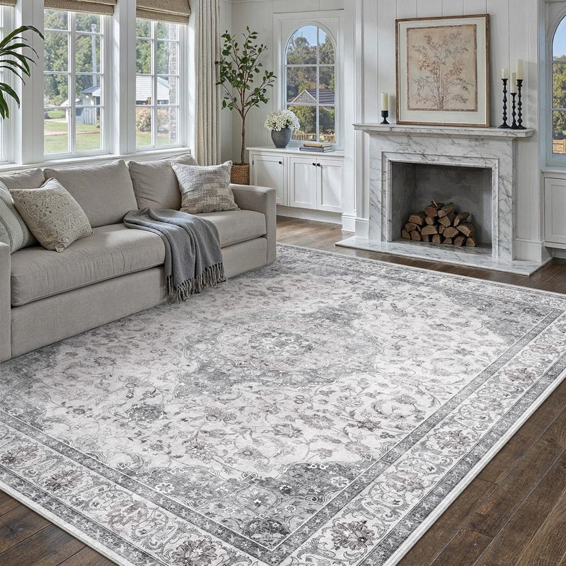 HUGEAR Area Rug 8x10 Vintage Grey Machine Washable Living Room Rugs Thin Neutral Floral Vacuumable Low Pile Carpet Bedroom Office Dining Room Laundry Room Non Slip Soft Lightweight - Image 3