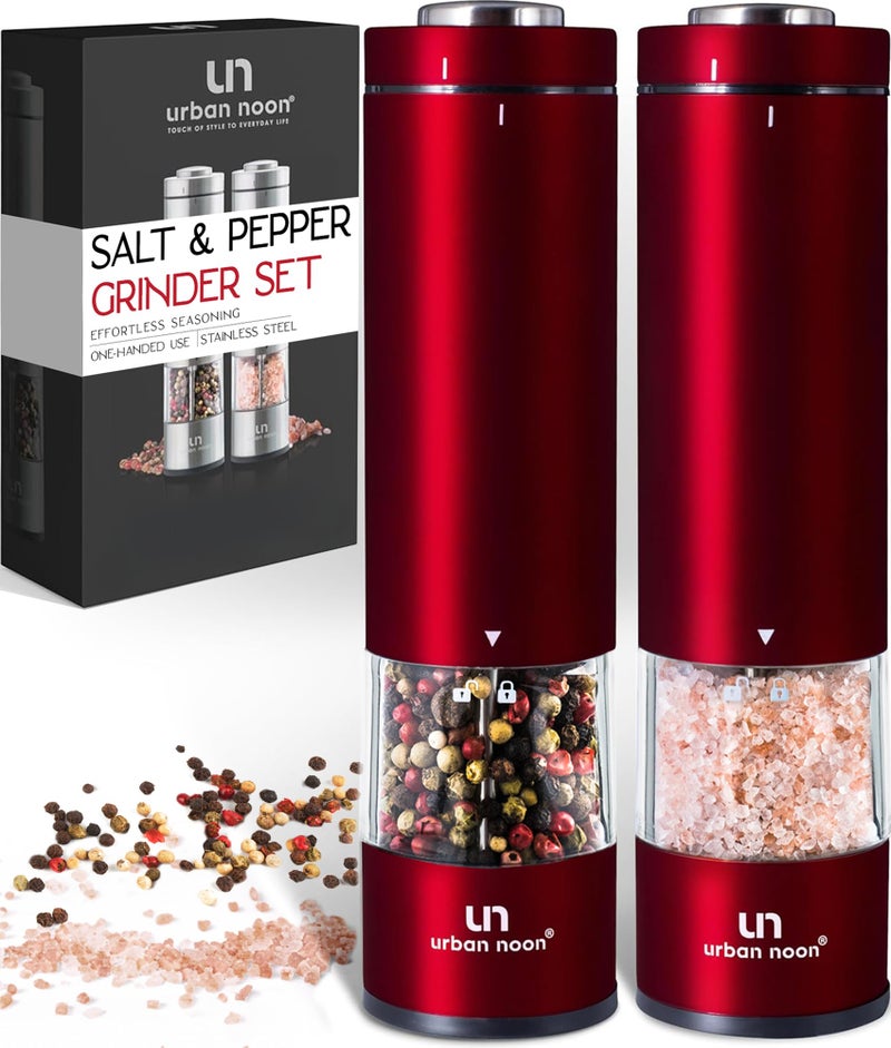 urban noon Electric Salt and Pepper Grinder Set 2 Battery Operated Stainless Steel Mills with Light Elegant Red Burgundy Automatic One Handed Operation Electronic Adjustable Shakers Ceramic Grinders