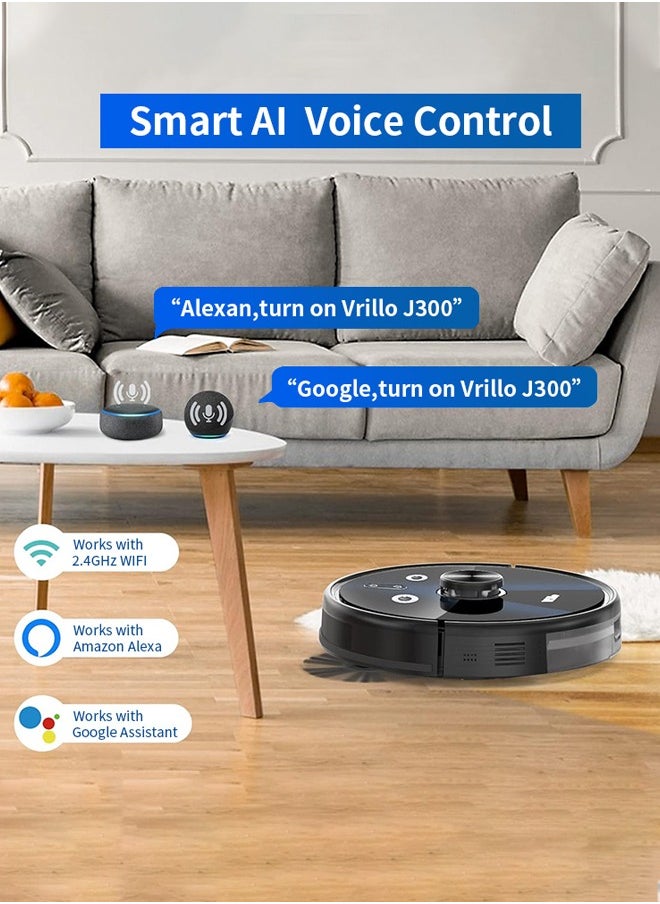 VRillo - J300 Robot Vacuum Cleaner with Mop,Laser Navigation Robotic Vacuum, 3200Pa Strong Suction, 120 Mins Max Runging Time,Self-Charging, Smart Mapping, App/Voice Control, for Pet Hair, Hard Floor, Carpet,Black - Image 1