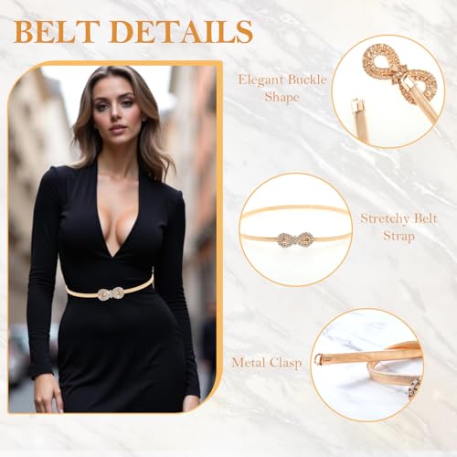 Amabro Gold Belts for Women, Rhinestone Chain Belt Elastic Skinny Belts Waist Belt Fashion Crystal Rope Belt Stretch Belts for Dresses(Gold) - Image 3