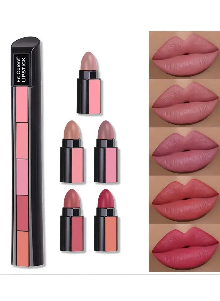Fit Colors - 5 In 1 Red Lipstick Strip Matte Velvet Texture Lip Gloss Makeup Long Lasting Non-stick Cup Lipstick Set Cosmetics Valentine's Day Gifts - Image 1