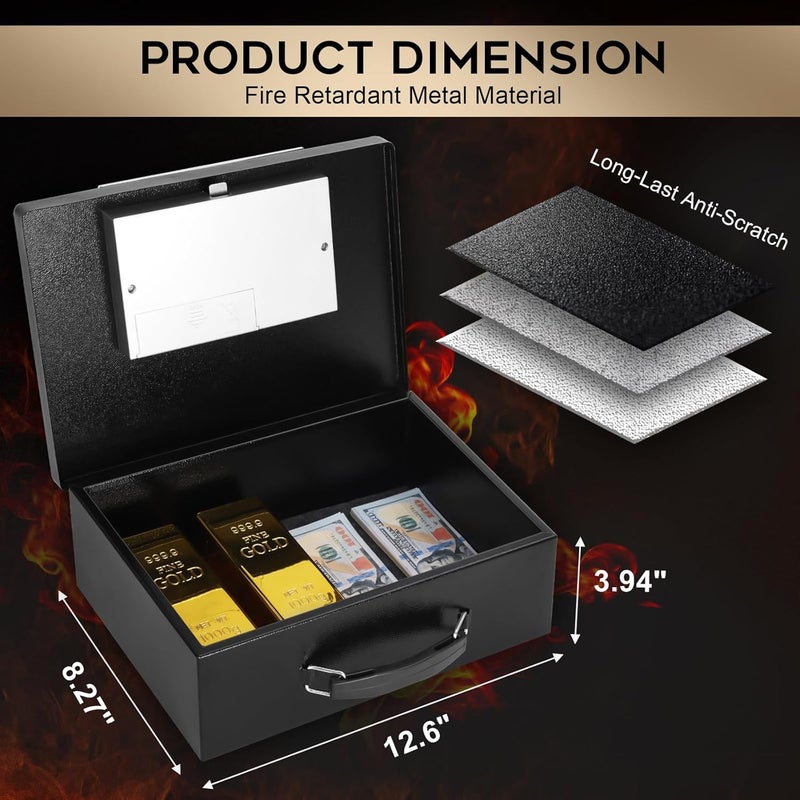 Dalmbox Portable Metal Safe Box with Digital Code Lock,Fire Resistant Storage for Documents, Fireproof Safe Box, Car, Home, Office and Outside, Black Box， Medium - Image 2