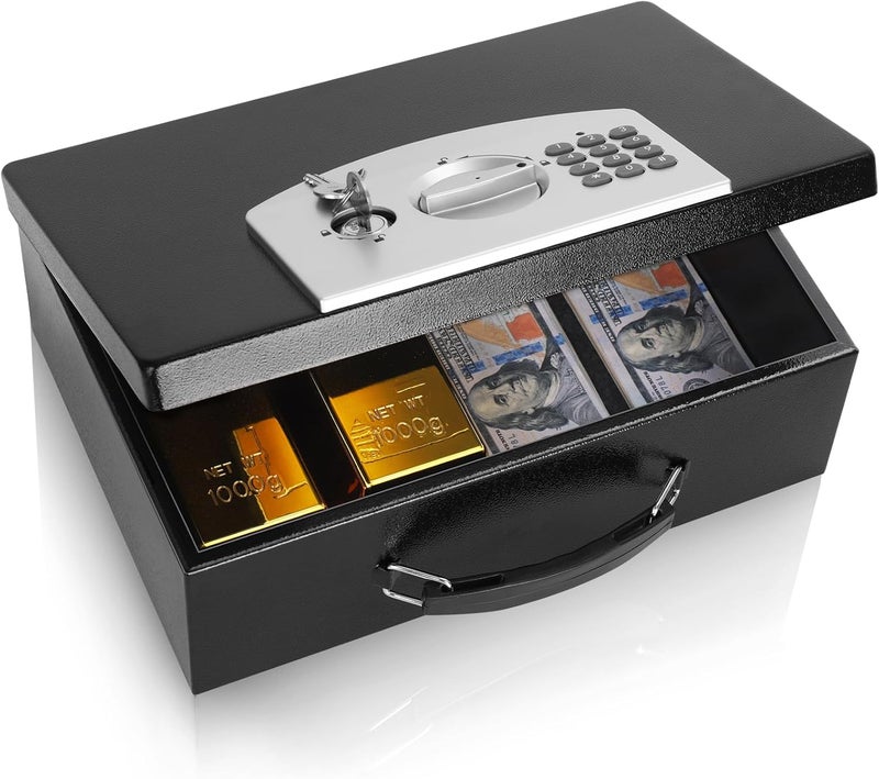 Dalmbox Portable Metal Safe Box with Digital Code Lock,Fire Resistant Storage for Documents, Fireproof Safe Box, Car, Home, Office and Outside, Black Box， Medium - Image 1