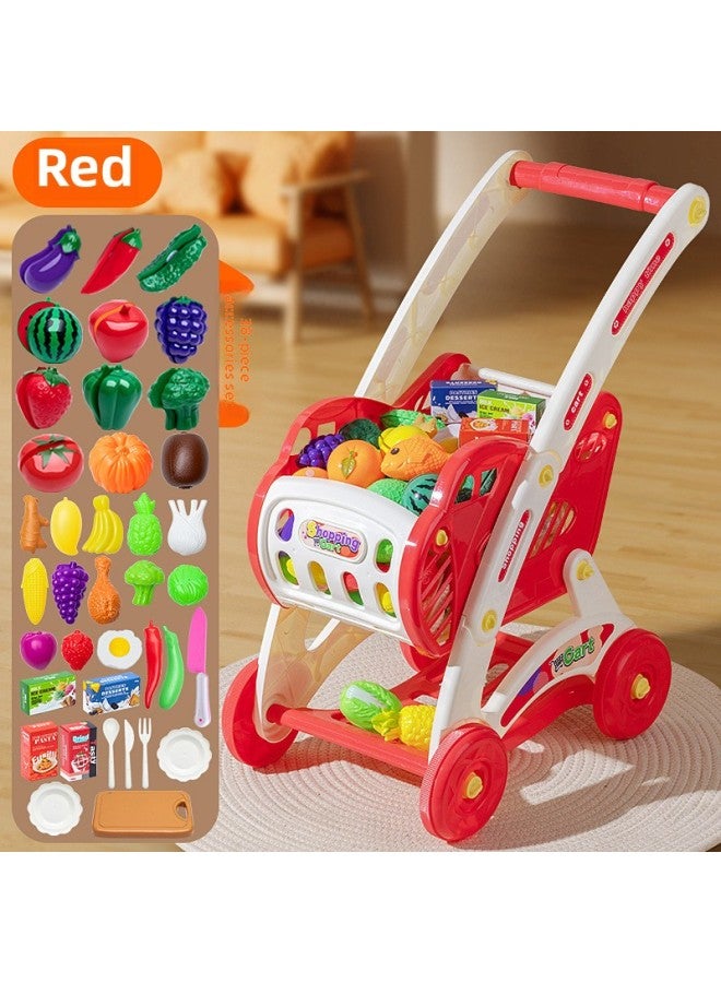 Children's Shopping Cart Toy Baby Supermarket Small Trolley Simulation Play-house Girl Boy Fruit Chicele-Color:38-piece Shopping Cart-red 【with Chicele】】 - Image 1