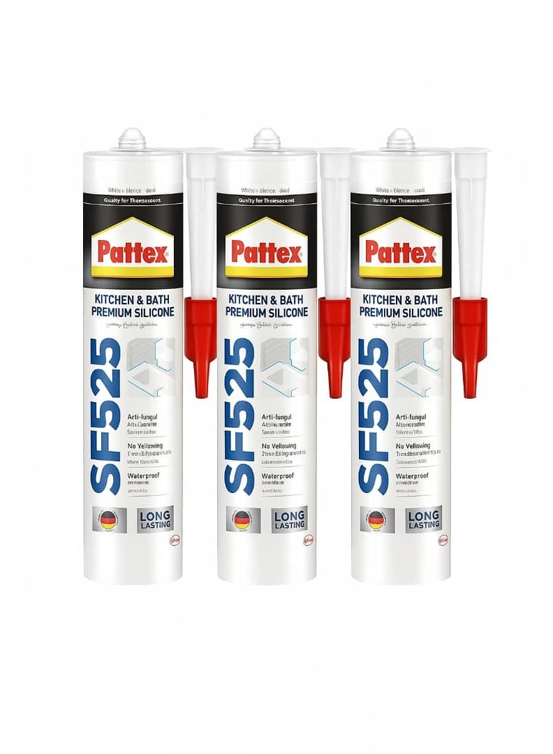 Pattex SF525 Premium Bathroom & Kitchen Silicone 3-Pack - White, Anti-Mold, Water & Yellowing Resistant - Long Lasting Ideal for Sealing Joints Around Sinks, Bathtubs, Showers, and Tiles, Professional and Home Use - Image 1